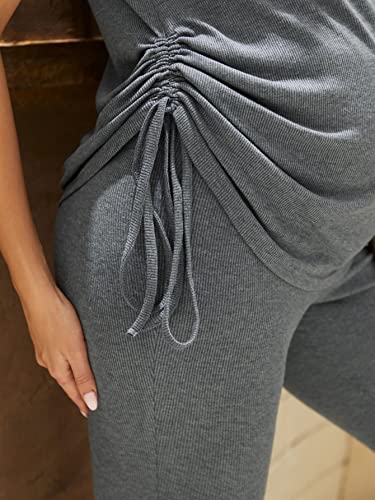 Oyoangle Women's Maternity 2 Piece Outfits Drawstring Ruched Short Sleeve Ribbed Tee Top & Leggings Pregnancy Lounge Set Grey M #TOP2