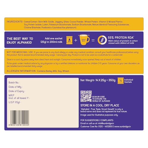 Image of Alphakid smart milk mix (2 + Years) | Chocolate flavour milk mix Protein Powder | No palm oil | No refined sugar | supports gut health | Sweetened with jaggery | boosts immunity | with Barley, Millet, Wheat, Jaggery & Ghee | Vitamins & Minerals | 14 pouches of 25gm each in monocarton | with 19 essential nutrients | Pack of 2