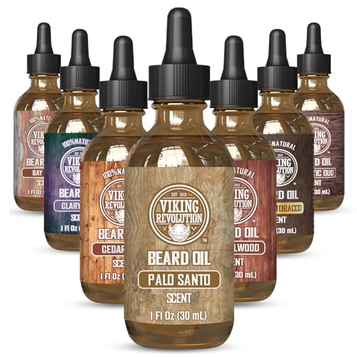 Image of Viking Revolution Beard Oil - Palo Santo - 1 fl oz | 100% Natural Ingredients - Formulated with Argan Oil & Jojoba Oil - Softens Rough Hair & Hydrates Skin - Palo Santo Scent