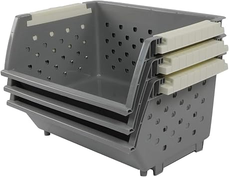 3-Pack Plastic Stackable Storage Bins, Multi-functional Basket, Grey | Stacking storage baskets, versatile open-front design for easy access to daily items