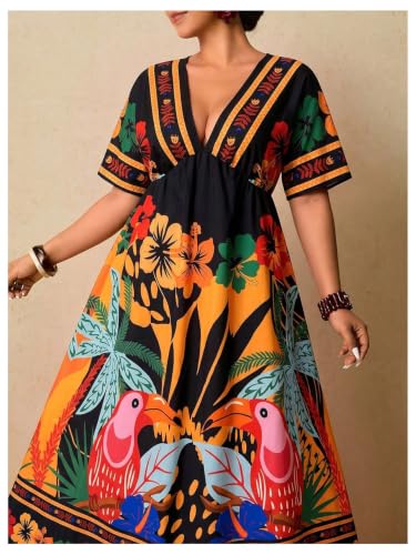 Image of Floerns Women's Plus Size Boho Hawaiian Tropical Dresses V Neck Short Sleeve Floral A Line Long Dress Vacation Beach Outfits