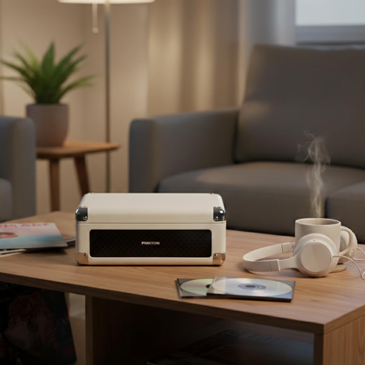 PRIXTON Lecteur CD Portable avec Bluetooth, Radio FM et AUX, Haut-Parleur 6 W (2x3 W), Compatible CD/MP3/WMA, Batterie Rechargeable 3000 mAh, Sortie Casque, Design Mallette (Crème)