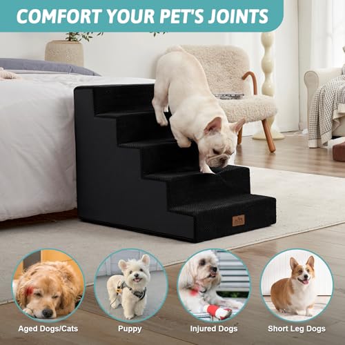 Image of COZY KISS Dog Stairs for Small Dogs 5-Step, 19.7 inch Extra Wide Right-Angle Pet Stairs for Couch and Beds, Anti-Slip Dog Steps for Old Cats and Lowrider, 19.7x29.5x23.6 inch, Black