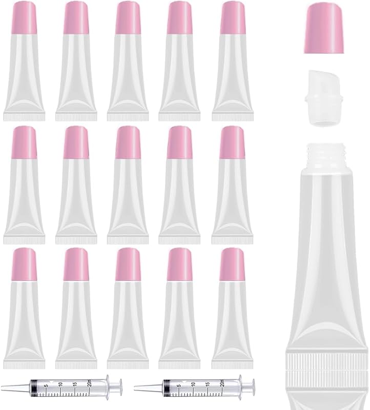AMORIX 50 tubos vazios de 10 mL para gloss labial com tampa rosa, seringas e etiquetas