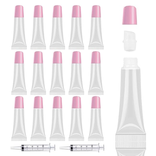 AMORIX 50PCS Lip Gloss Tubes Empty 10ml Pink Cap Lip Gloss Containers Lip Balm Tubes Cute Squeeze Tubes Lipgloss Making Supplies + 2 x 20ml Syringes Tag Labels for Lip Gloss Base