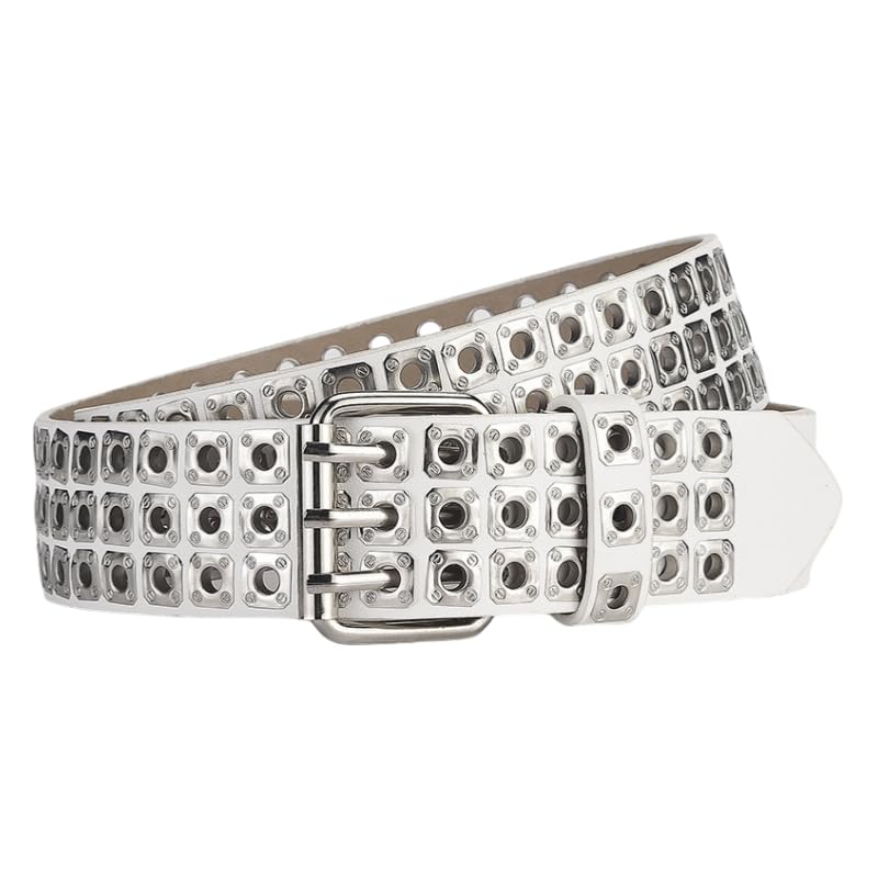 Xiao Hua 3 Row Studded Belts Punk Hip Hop Personalized Faux Leather Belts For Jeans Pants (White)