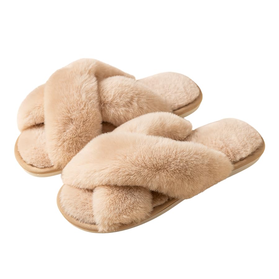 Women's Soft Indoor House Slippers Cross Band Outdoor Open Toe Fuzzy Slippers Memory Foam