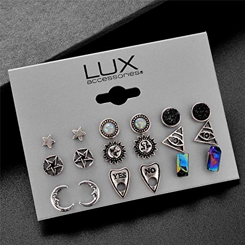 Lux Accessories Moon Sun Illuminati Pentagram Stud Earrings Set of 92