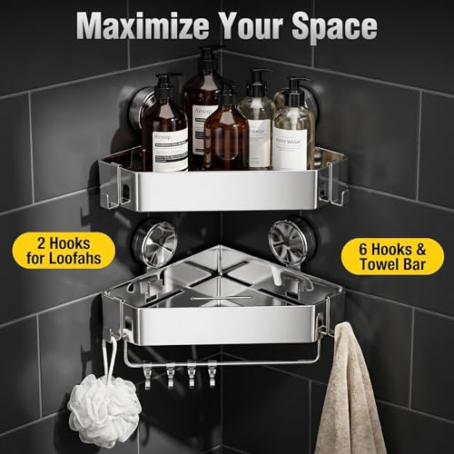 2-Pack-Shower-Caddy-Suction-Cup-Triangle-Corner-Shower-Shelves-No-Drilling304-Stainless-Steel-Organizer-with-Towel-Bar-Removable-Hooks-Bathroom-Shelf-Rack-for-Inside-Showers-Rustproof-Wall-Mount