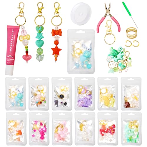 WJXCYGG 12 Set Lip Gloss Keychain Making Kit 120 Assorted Acrylic Beads Packed in 12 Colors 32.8 Ft Rope 12 Keychain Clips for DIY Crafts Women