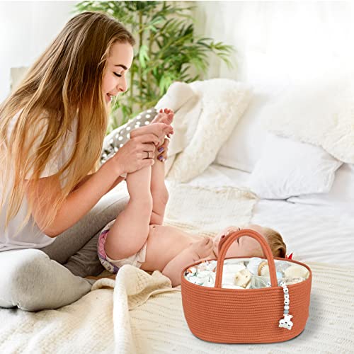 Image of XUANGUO Large Cotton Rope Baby Diaper Caddy Organizer Basket Rust | Nursery Storage Bin, Portable Baby Tote Bag for Changing Table or Car, Baby Shower Gifts Bag, Newborn Essentials, Registry