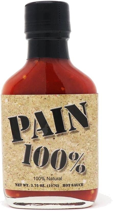 Pain 100% - Organic Hot Sauce - 3.75oz Bottle - 250,000-1,000,000 Scovilles - Made in Kansas, USA. Made with Habanero Peppers - 100% Natural Ingredients