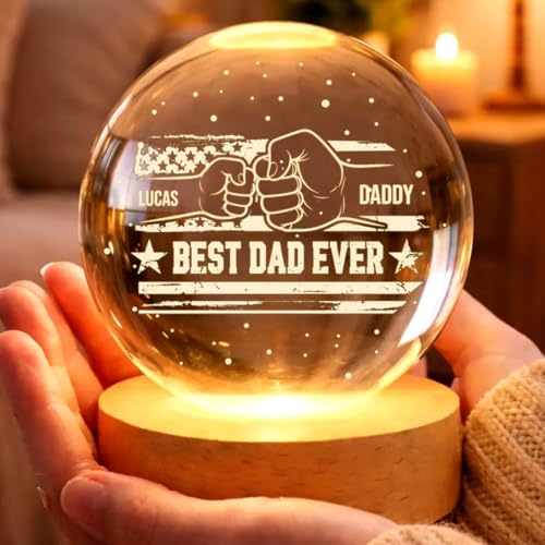 Image of Personalized Crystal Ball Night Light, Fathers Day Gift for Dad, Custom Dad Grandpa Kids Holding Hands Gift, Grandpa Gift, Daddy Birthday Gift