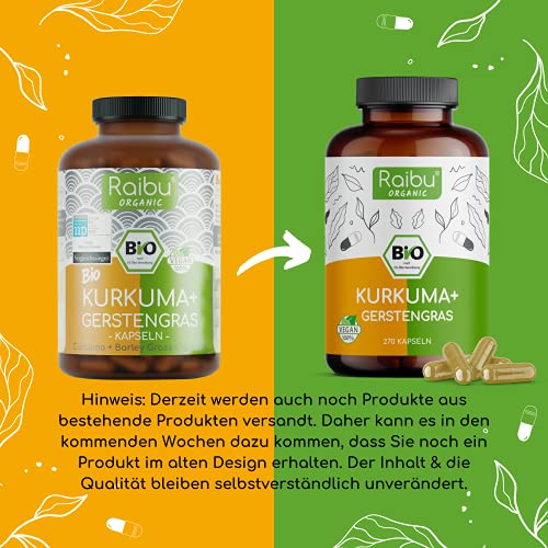 Raibu® Kurkuma Gerstengras Kapseln Bio (270 Kapseln x 700 mg) Vegan - Curcuma und Gerstengras Mix im Verhältnis 2:1… - Image 8