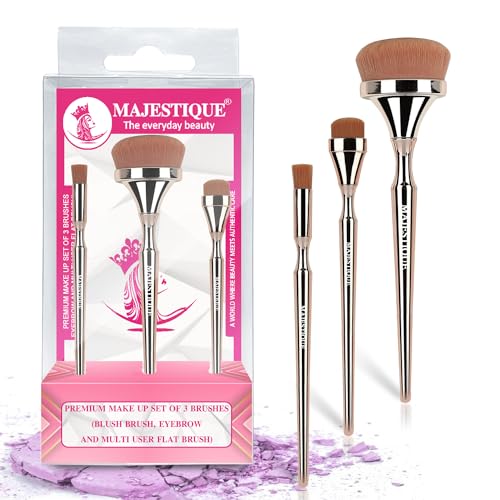 Majestique Blush Brush, Eyebrow and Multi-use Flat Brush | Professional Makeup Brush Set | Soft, Silky, Synthetic Brushes for Face, Cheek and Eye Makeups | Luminous HD Brushes – 3Pcs