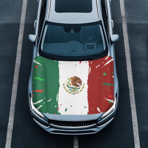 Image of Mexican Flag Style Car Hood Cover Protector Stretchable Car Hood Wrap Blankets Mexican Independence Day Decorations Automotive Exterior Accessories for Compact SUV Sedans Trucks Pickup