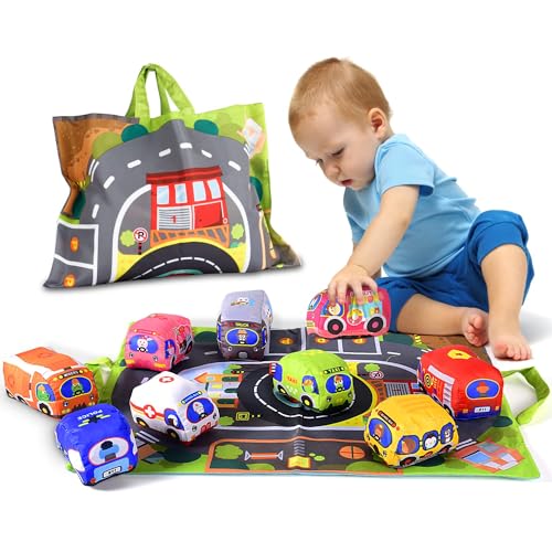 Image of ALASOU 9 PCS Soft Car Toys With Playmat and Storage Bag - Infant and Toddler Birthday Gifts for 1-3 Year Old Boys