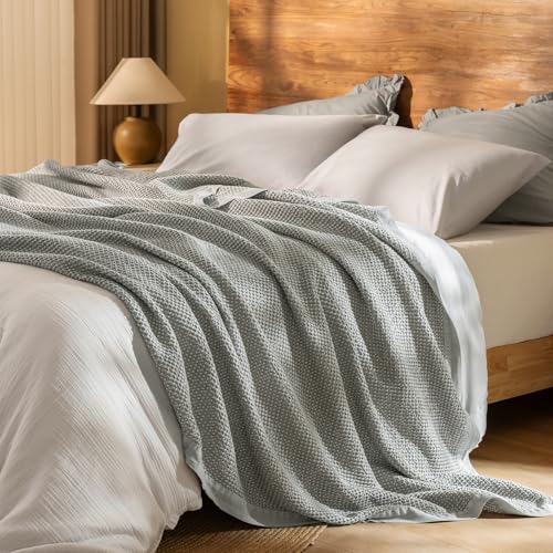 Image of PHF Stone Washed 100% Cotton Waffle Blanket, Vintage Deep Honeycomb Texture, Breathable Thermal Blanket for Bed & Home Decor, All Season Layering - Queen, Frosted Grey