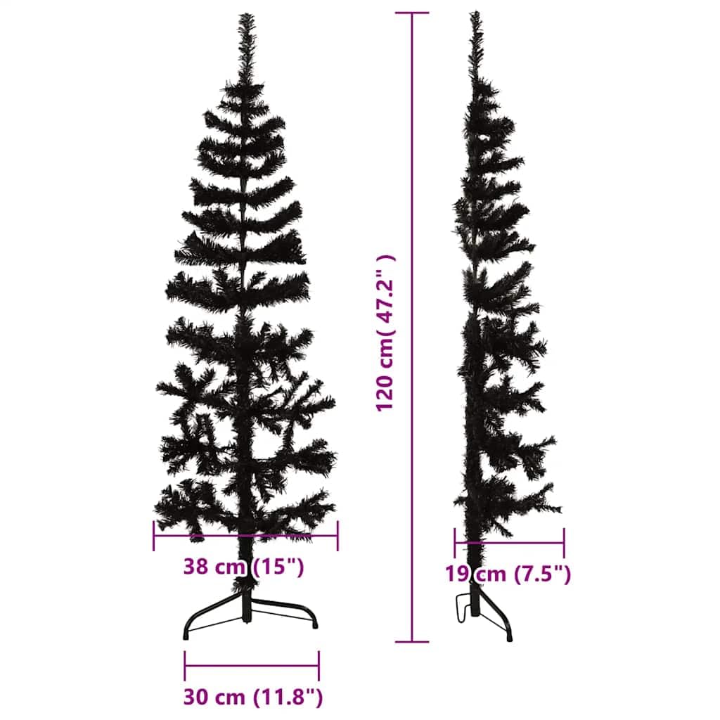 Albero di Natale artificiale sottile, nero, 120 cm, con supporto, 80 punte, realistico, salvaspazio, ideale per soggiorno, ufficio, interni ed esterni, decorazione natalizia