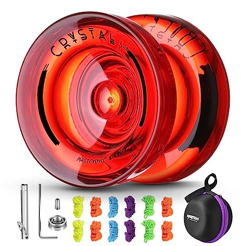 Professional Responsive Yoyo K2 Crystal, Dual Purpose Plastic Yo yo for Kids Beginner, Replacement Unresponsive Bearing for Advanced Yo-yo Players + Removal Tool + 12 Yoyo Strings + Yo Yo Bag?Red?