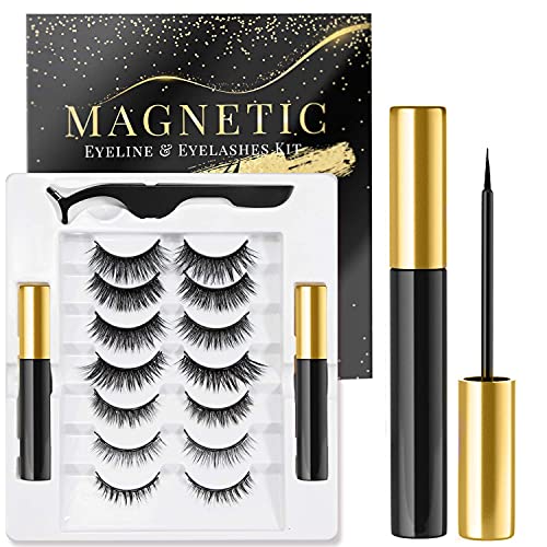 Rossy Magnetic Eyelash and Eyeliner Kit 7 Pairs 3D 5D Magnetic Eyelashes with 2 Special Magnetic Eyeliners and 1 Tweezer, Easy to Apply with Natural Look