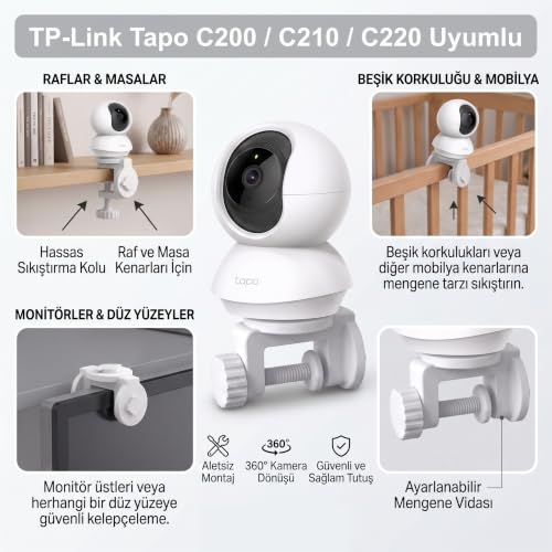 TP-Link Tapo C200; C210; C220 Uyumlu Kolay Montaj Aparatı, Yatay ve Dikey Çift Yönlü (Beyaz)