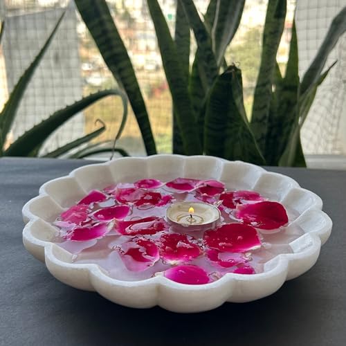 Image of Marble Urli Bowl for Decoration | Big Potpourri Decorative Bowls in Home decor | Large White Floating Flower Plates of Stone | Small Shape puja Item (9 inch, Daisy Burst)