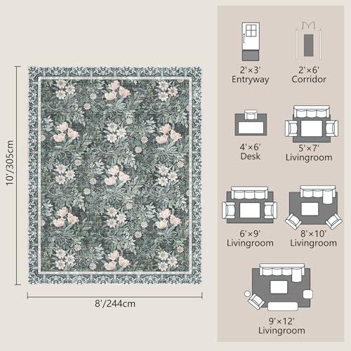 Image of Washable 8x10 Area Rug - Light Green Vintage Floral with Ornate Border, Soft Low Pile Carpet for Living Room, Dining Room Under Table, Bedroom Non-Slip, Stain Resistant & Durable
