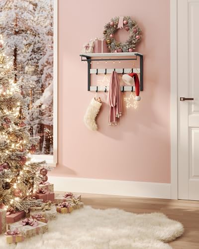 VASAGLE Wandgarderobe, mit Ablage, Wandregal mit 10 abnehmbaren Haken, Hängeregal, Wandmontage, 2 Garderobenleisten, Kleiderstange, für Flur, Schlafzimmer, Badezimmer, vintageweiß-schwarz LCR101W03