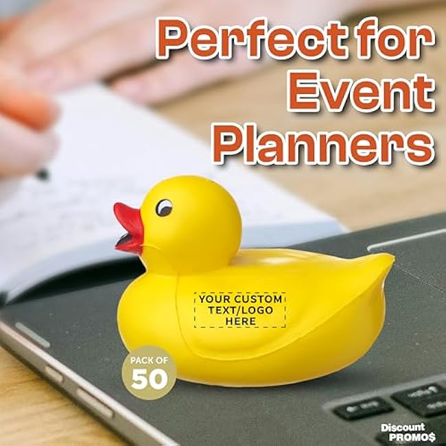 DISCOUNT PROMOS Custom Rubber Ducky Squeeze Balls Set of 50, Personalized Bulk Pack - Perfect for Promotional Giveaways - Yellow