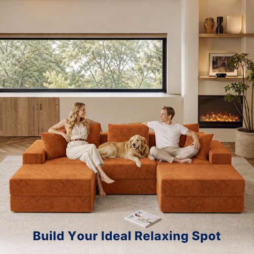 Image of Living&Giving 101 inch U-Shaped Cloud Sectional Couch for Living Room, Cloud Boneless Couch-No Assembly with Reversible Chaise, Customizable 3-Seat Modular Sectional Sofa with 2 Ottoman, Orange