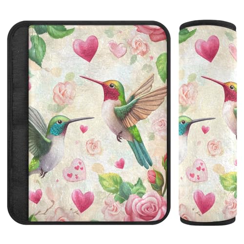 Image of Hummingbirds Roses and Hearts 02 Seat Belt Cover Pad 2 Pcs Soft Cute Seatbelt Covers Protector Support Head Neck Shoulder Strap for Car Seats High Chair Backpack for Adults Kids Women Men 10x7.