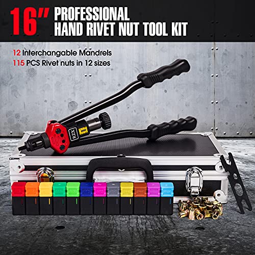 RZX 16" Rivet Nut Tool, Professional Rivet Nut Tool Setter Kit Including 12 Metric and SAE Mandrels, 115Pcs Assorted Rivet Nuts, Effortless Design, Aluminum Carrying Case