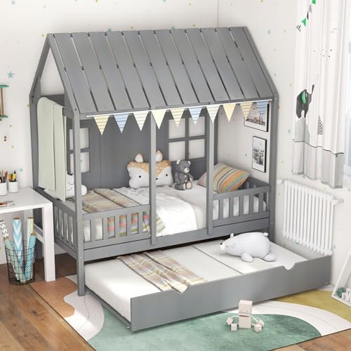 Giantex-Twin-House-Bed-with-Trundle-Kids-Bed-Frame-with-82-Tall-Roof-Windows-and-Guardrail-Wooden-Playhouse-Bed-for-Teens-Boys-Girls-Bedroom-No-Box-Spring-Needed-Free-to-Decorate-Grey Giantex Twin House Bed with Trundle Kids Bed Frame with 82 Tall Roof Windows and Guardrail Wooden Playhouse Bed for Teens Boys Girls Bedroom No Box Spring Needed Free to Decorate Grey