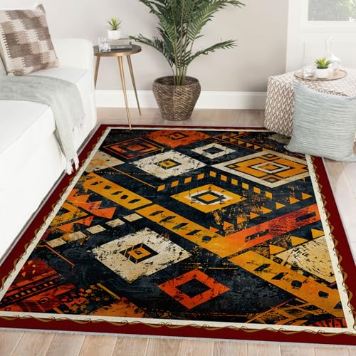 Tapis rustique usé bohème éthique avec motifs géométriques et texture lavable - 2