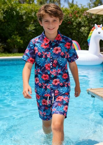 Image of UNICOMIDEA Boys Hawaiian Outfits Tropical Print Button Down Shirt + Swim Trunks 2 Piece Sets for 5-12T Kids