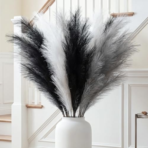 ZIFTY Black Pampas Grass Decor 6Pcs 38'/3.1FT Faux Dried Tall Fluffy Artificial Flower for Floor Vase Fake Bathroom Boho Home Decor Filler Farmhouse Decorations (Black, White, Grey)