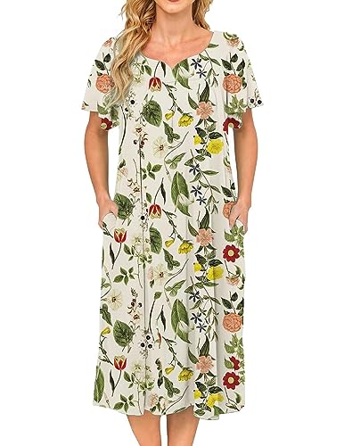 Image of Bloggerlove Mumu House Dress for Women with Pockets Short Sleeve Nightgowns | 15% Cotton, 80% Polyester, 5% Spandex, Floral Mumu House Dress, V-Neck, Short Sleeves, Midi Length, 2 Side Pockets, Lounging