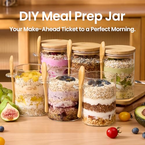 Image of 4 Pack Overnight Oats Containers with Bamboo Lids and Spoons - 22 oz Airtight Glass Jars with Lid, Meal Prep Jars for Chia Pudding, Yogurt, Salad, Cereal, Coffee, Flour | Food Storage Canister