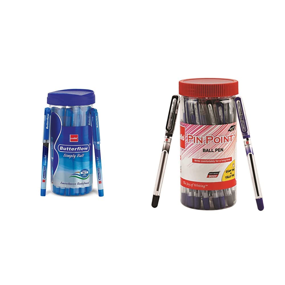 Cello Butterflow Simply Ball Pen Pinpoint Ballpen Jar (Pack of 25 pens in Blue and Black ink)