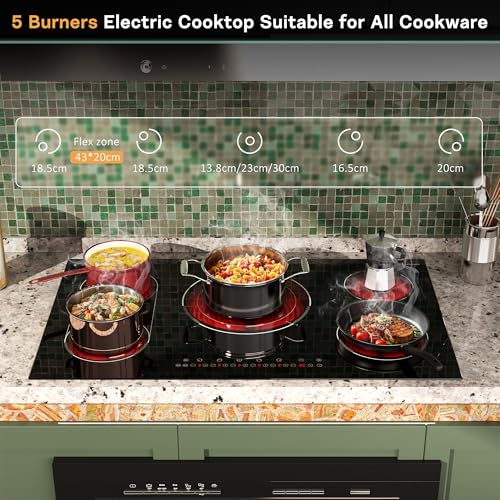 Image of 36 Inch Electric Cooktop 5 Burner, Built-in Electric Stovetop with Flexible Bridge & Triple Ring Burner, 9600W Cooktop Electrics with BBQ Burner, Timer, Safety Lock,Pause, 220V-240V Hard Wire