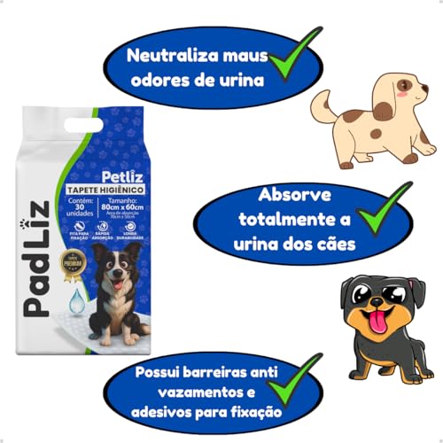 Tapete Higiênico para Cachorro Padliz 80cm x 60cm 30 Unidades Sanitário Super Absorvente Antivazamen