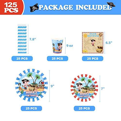 125PCS Pirate Décoration Anniversaire Vaisselles pour 25 Invités, Assiettes, Serviettes, Pailles,Gobelets en Carton… - Image 3