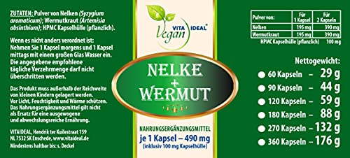 Vitayideal Vegan® Nalle + Wermut (syzygium aromaticum, Artemisia absinthium) 120 plantaardige capsules van elk 490 mg… - Image 4