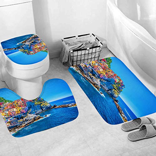 Makaor Bathroom Rugs Set of 3, Ocean Beach Style Non Slip Washable Bath Shower Mat, Contour Mat & Toilet Lid Cover,Flannel Soft & Quick Dry,Super Absorbent Rug (E, Size A)