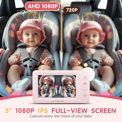 Image of S100P Baby Car Camera with Ultra Night Vision, 5'' HD 1080P IPS Baby Car Monitor with 3X Zoom, Backseat /Carseat /Rear Seat Camera USB, Easy No-Damage Install, Safety for Infants and Pets (5 inch Pink)