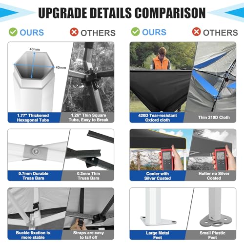 Image of HOTEEL 10x10 Pop Up Canopy, Upgraded Thickened Hexagonal Legs, Black | Upgraded pipes (1.77'', 0.7mm), 3-height adj, 420D waterproof & silver-coated fabric, ideal for events /beaches /markets