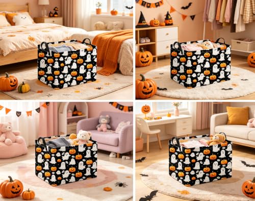Image of Halloween Basket Cute Baskets for Kids Pumpkin Basket Rectangular Storage Bin Organizer Box Room Decor(Black Ghost Pumpkin)