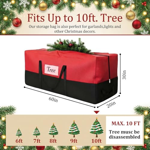 Image of Christmas Tree Storage Bag, Fits 10-12 Ft Artificial Trees, Red | Wide Dual-Zipper Opening, Reinforced Handles, Clear Label Pocket, Tear-Resistant 600D Oxford, Dust and Moisture Protection