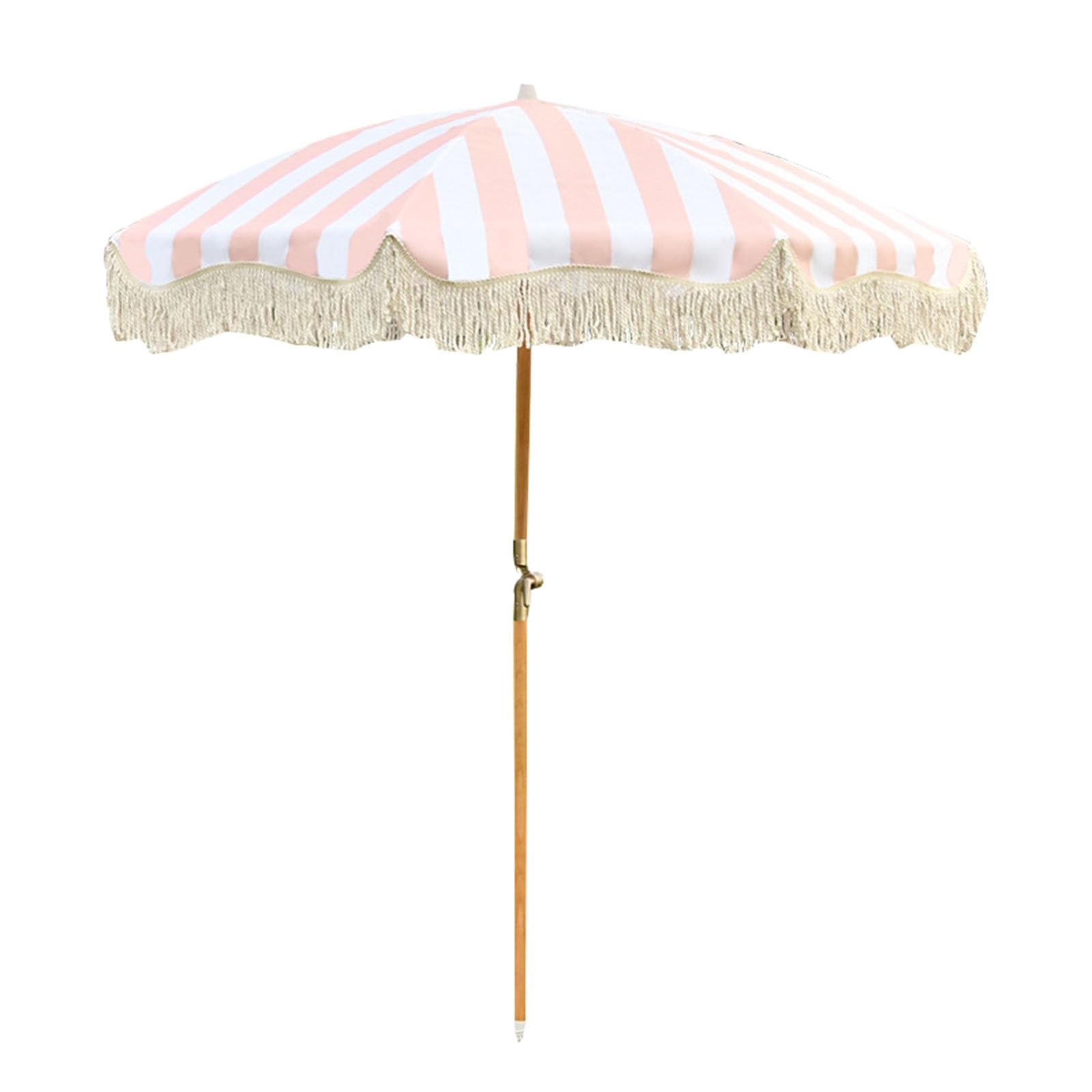 Metalowy Parasol Środkowy W Różowo-białe Paski Z Powiewającymi Frędzlami I Możliwością Regulacji Nachylenia Pod Wieloma Kątami, Odpowiedni Do Basenów, Ogrodów I Tarasów.